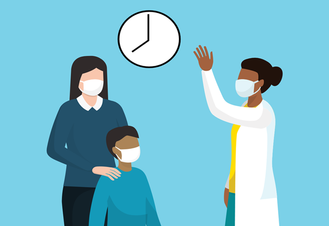 An illustrative graphic of a masked healthcare provider greeting patients