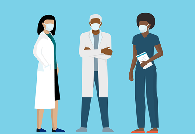 An illustrated graphic of masked healthcare providers and doctors standing together